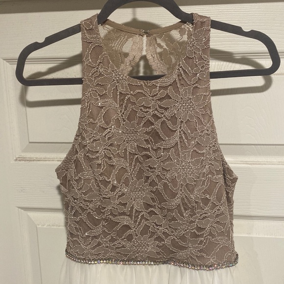 City Studio Dresses & Skirts - Tan and white halter top dress, worn once, high low, Super sparkly